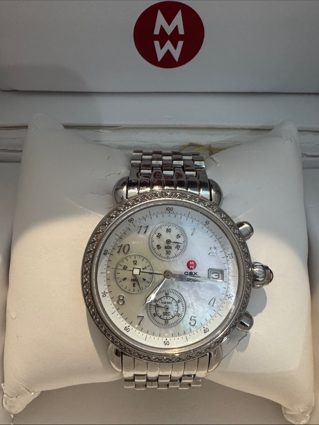 Michele Silver Chronograph Watch With White MotherOfPearl Dial